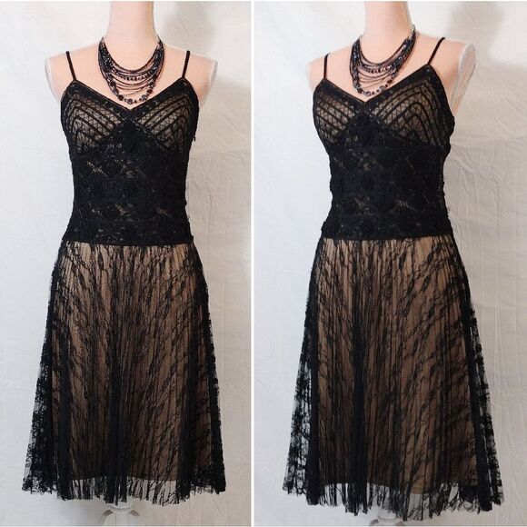 Sue Wong Y2K Black Gold Floral Crochet Lace Tank Midi Slip Dress Size 8 - Picture 8 of 17